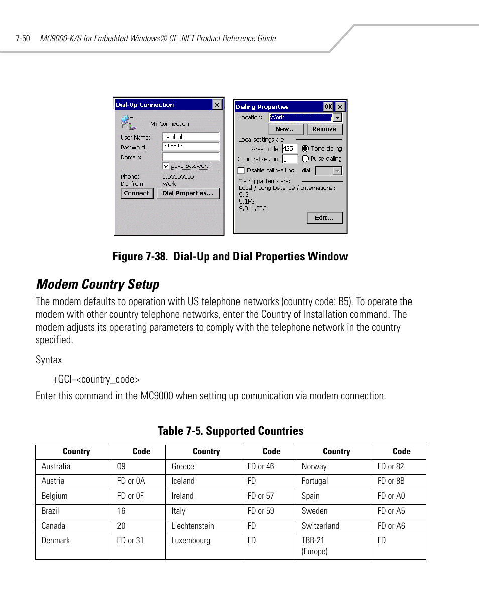 Modem country setup, Modem country setup -50, Figure 7-38. dial-up and dial properties window | Table 7-5. supported countries | Symbol Technologies MC9000-K User Manual | Page 306 / 534