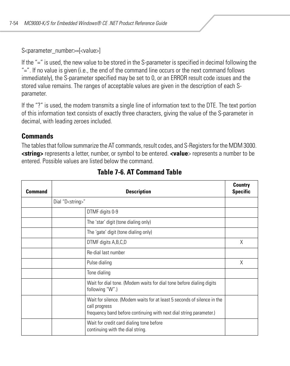 Commands, Commands -54, Table 7-6. at command table | Symbol Technologies MC9000-K User Manual | Page 310 / 534