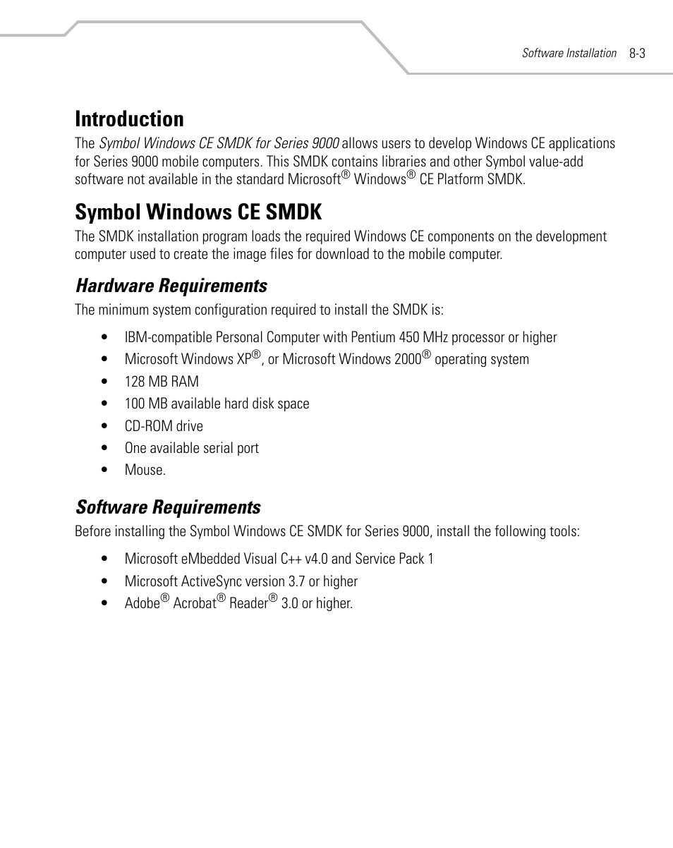 Introduction, Symbol windows ce smdk, Hardware requirements | Software requirements, Introduction -3 symbol windows ce smdk -3, Hardware requirements -3 software requirements -3 | Symbol Technologies MC9000-K User Manual | Page 323 / 534