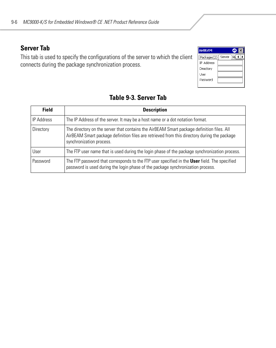 Server tab, Server tab -6, Table 9-3. server tab | Symbol Technologies MC9000-K User Manual | Page 330 / 534