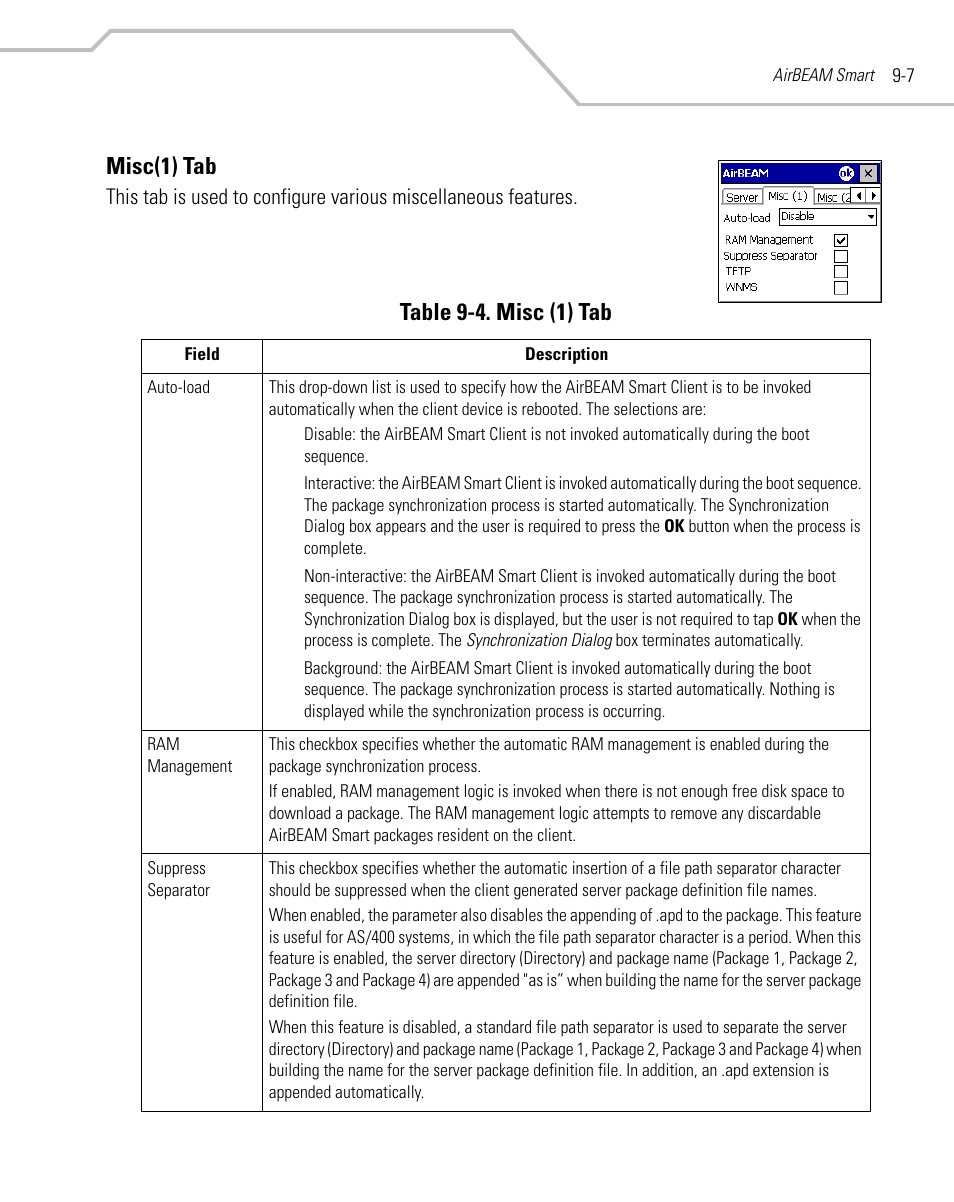 Misc(1) tab, Misc(1) tab -7, Table 9-4. misc (1) tab | Symbol Technologies MC9000-K User Manual | Page 331 / 534