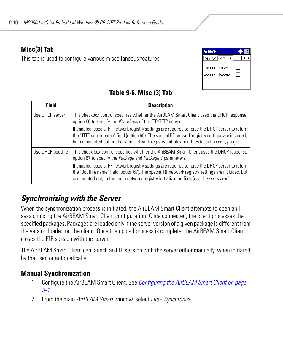 Misc(3) tab, Synchronizing with the server, Manual synchronization | Misc(3) tab -10, Synchronizing with the server -10, Manual synchronization -10 | Symbol Technologies MC9000-K User Manual | Page 334 / 534