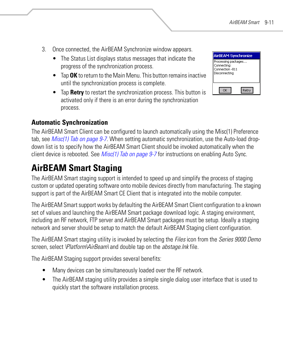 Automatic synchronization, Airbeam smart staging, Automatic synchronization -11 | Airbeam smart staging -11 | Symbol Technologies MC9000-K User Manual | Page 335 / 534