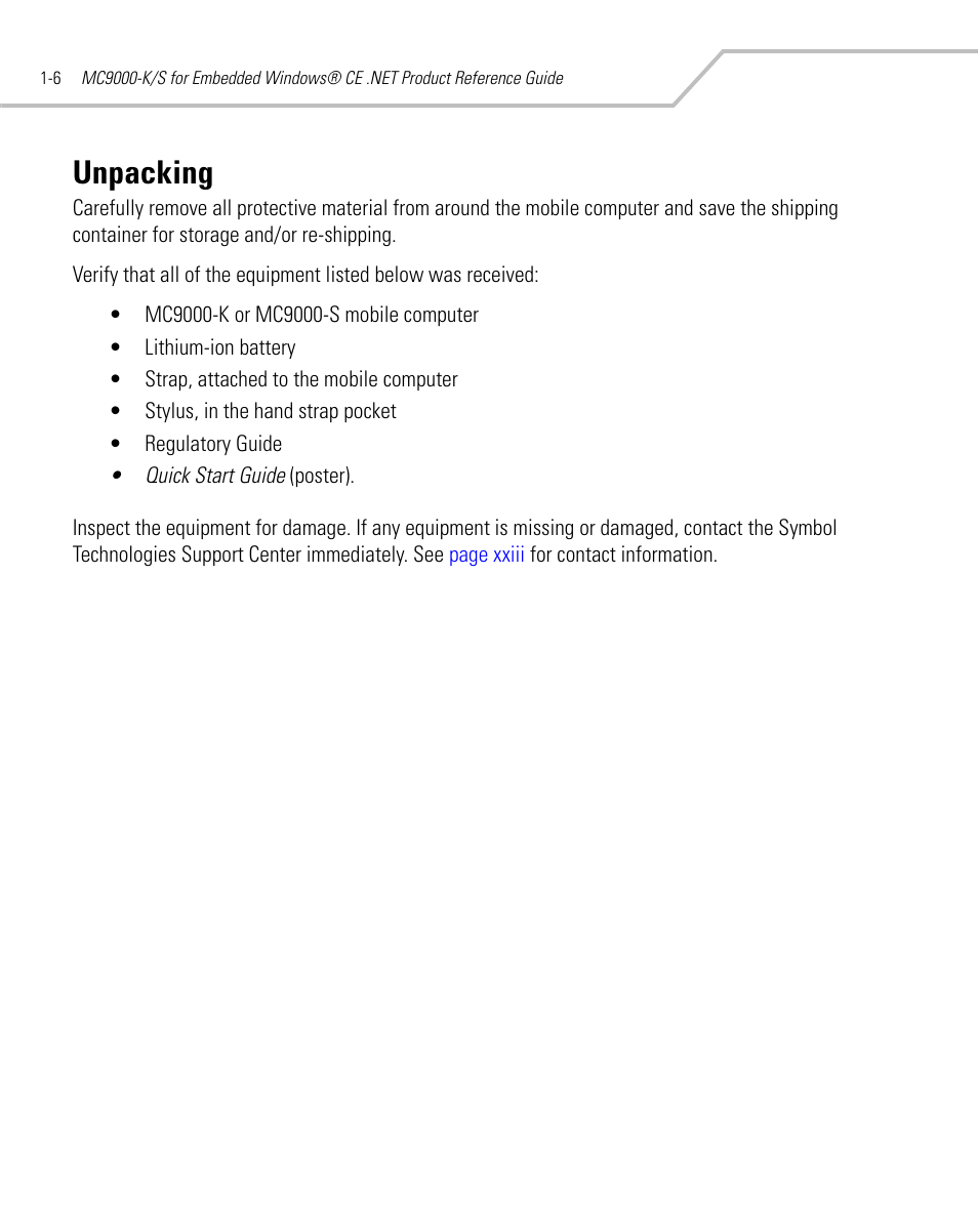 Unpacking, Unpacking -6 | Symbol Technologies MC9000-K User Manual | Page 34 / 534