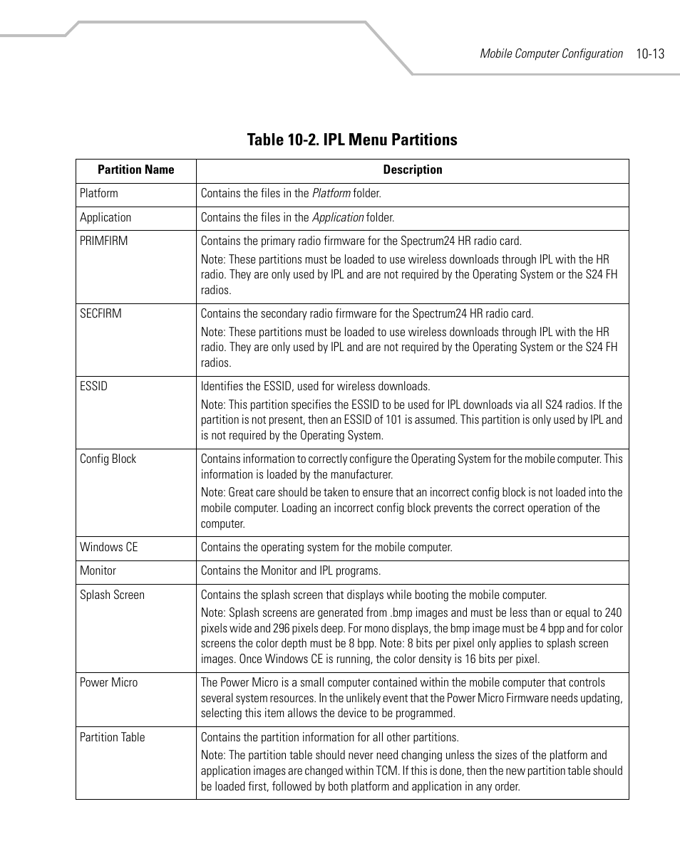 Table 10-2. ipl menu partitions | Symbol Technologies MC9000-K User Manual | Page 349 / 534