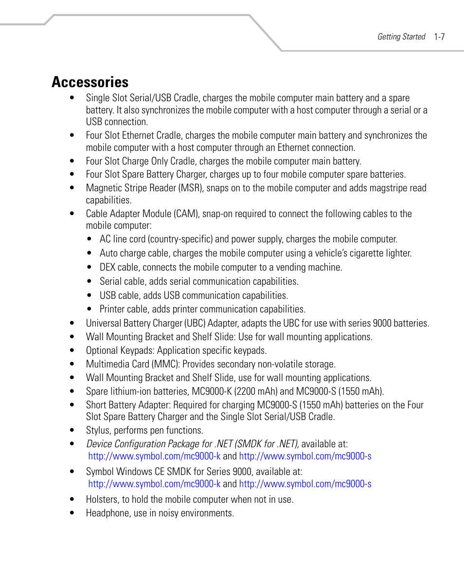 Accessories, Accessories -7 | Symbol Technologies MC9000-K User Manual | Page 35 / 534