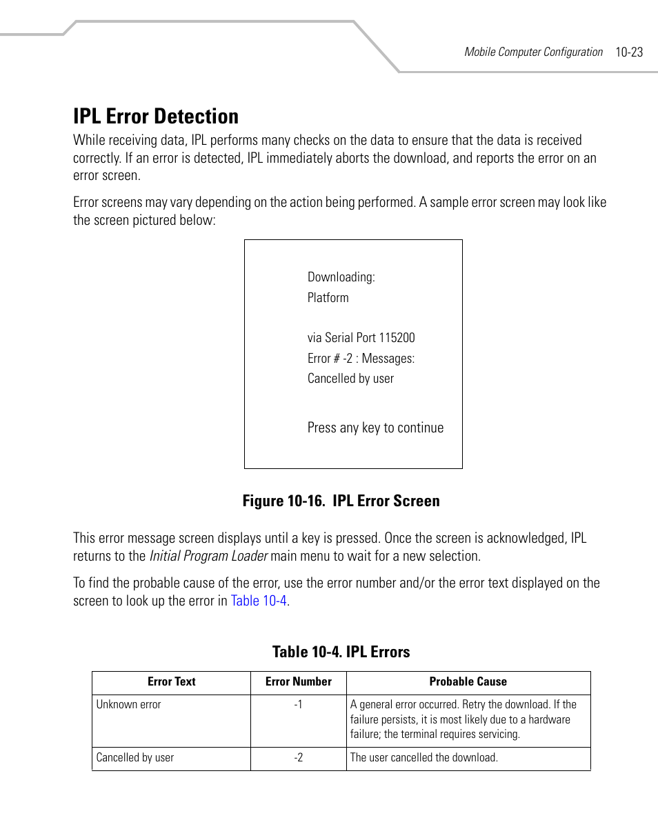 Ipl error detection, Ipl error detection -23, Figure 10-16. ipl error screen | Table 10-4. ipl errors | Symbol Technologies MC9000-K User Manual | Page 359 / 534