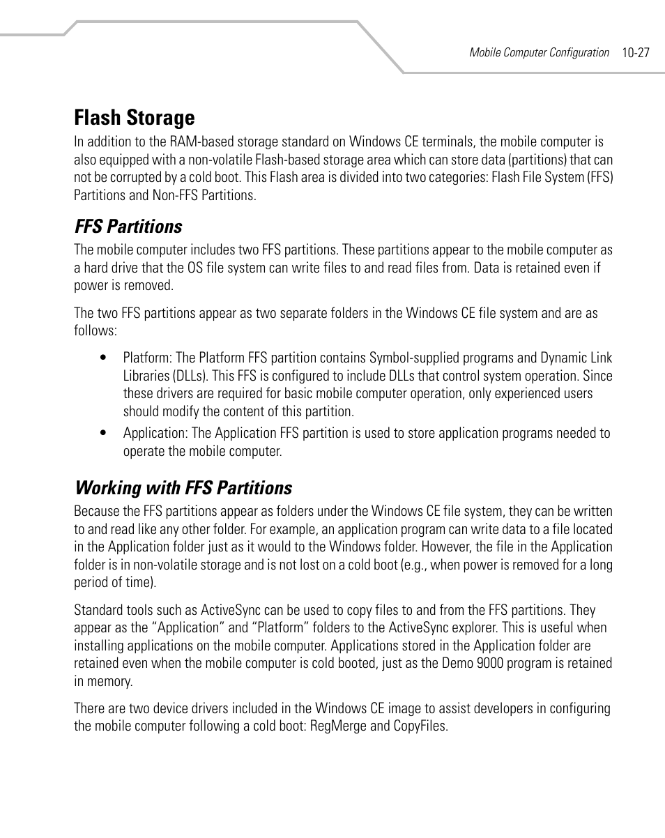 Flash storage, Ffs partitions, Working with ffs partitions | Flash storage -27, Ffs partitions -27 working with ffs partitions -27 | Symbol Technologies MC9000-K User Manual | Page 363 / 534