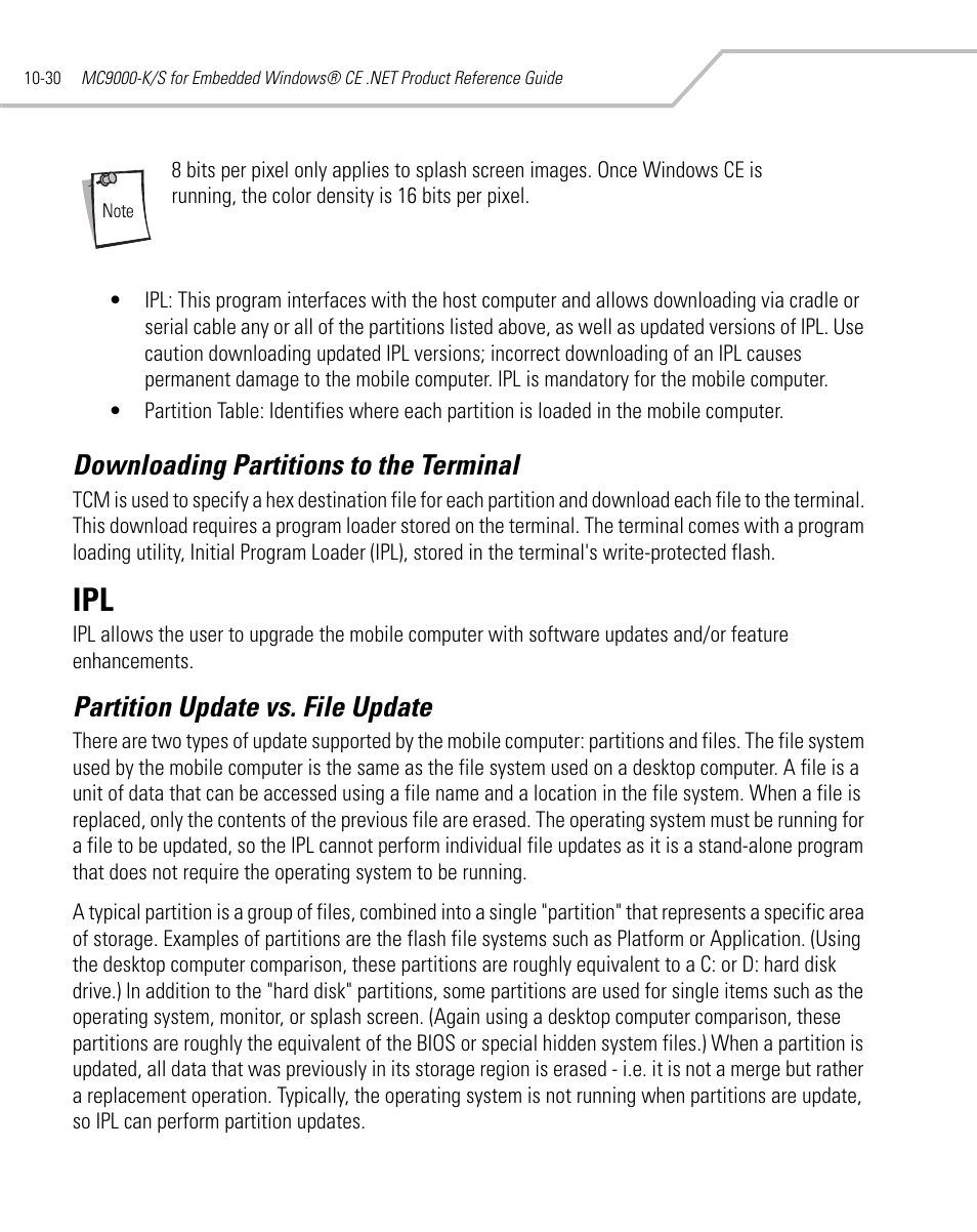 Downloading partitions to the terminal, Partition update vs. file update, Downloading partitions to the terminal -30 | Ipl -30, Partition update vs. file update -30 | Symbol Technologies MC9000-K User Manual | Page 366 / 534