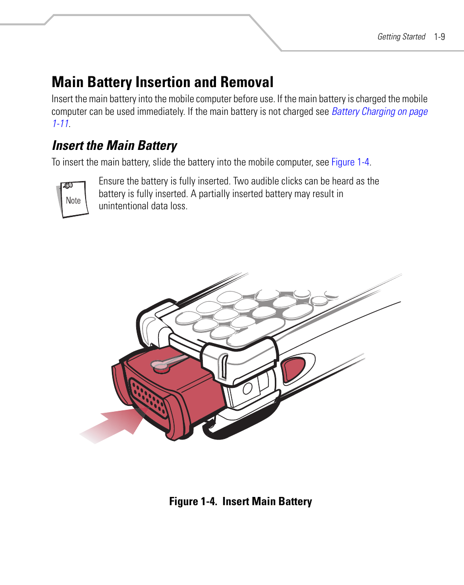 Main battery insertion and removal, Insert the main battery, Main battery insertion and removal -9 | Insert the main battery -9 | Symbol Technologies MC9000-K User Manual | Page 37 / 534