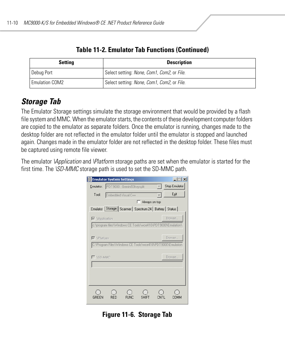 Storage tab, Storage tab -10, Figure 11-6. storage tab | Table 11-2. emulator tab functions (continued) | Symbol Technologies MC9000-K User Manual | Page 378 / 534