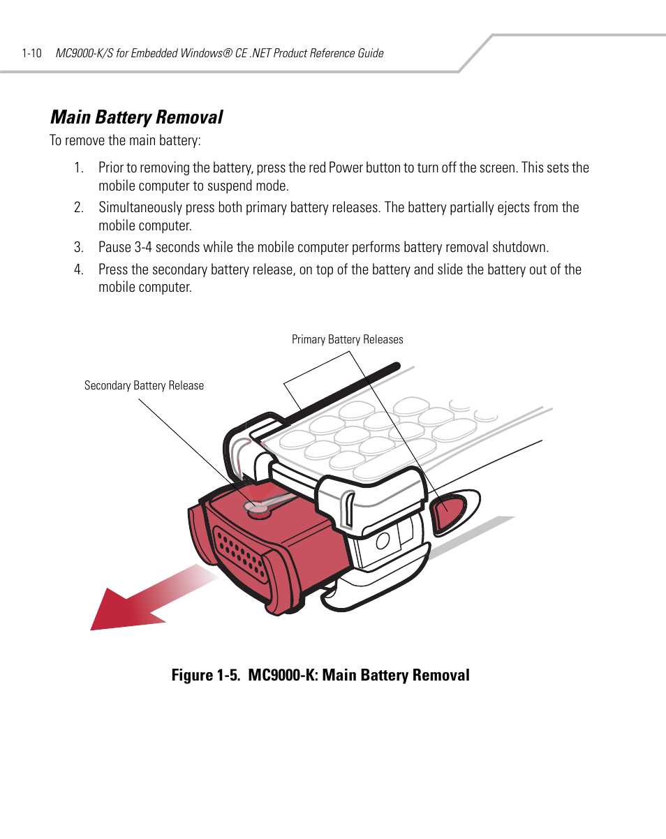 Main battery removal, Main battery removal -10 | Symbol Technologies MC9000-K User Manual | Page 38 / 534