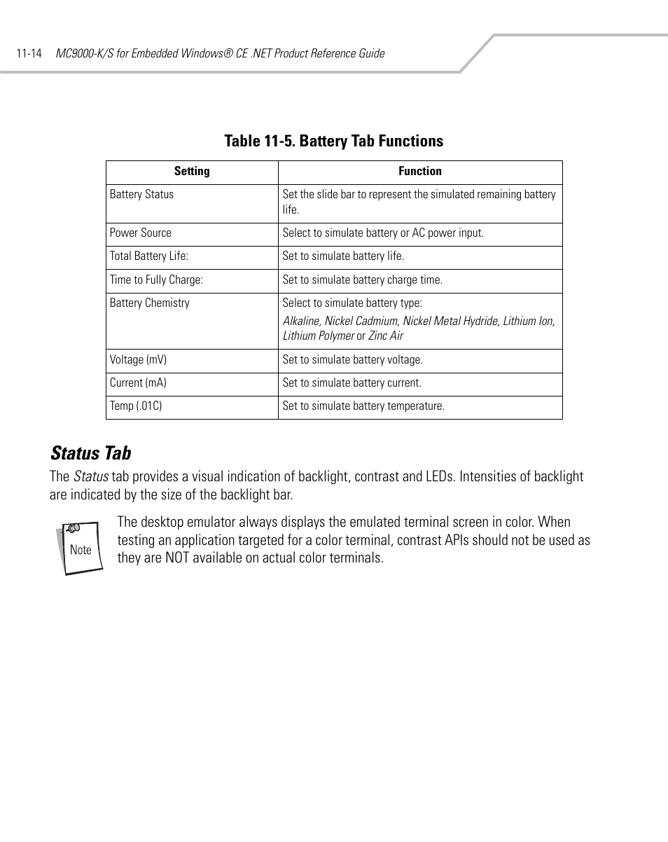 Status tab, Status tab -14, Table 11-5. battery tab functions | Symbol Technologies MC9000-K User Manual | Page 382 / 534