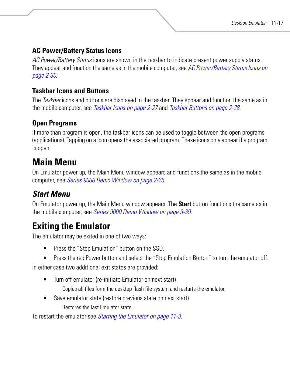 Ac power/battery status icons, Taskbar icons and buttons, Open programs | Main menu, Start menu, Exiting the emulator, Open programs -17, Main menu -17, Start menu -17, Exiting the emulator -17 | Symbol Technologies MC9000-K User Manual | Page 385 / 534