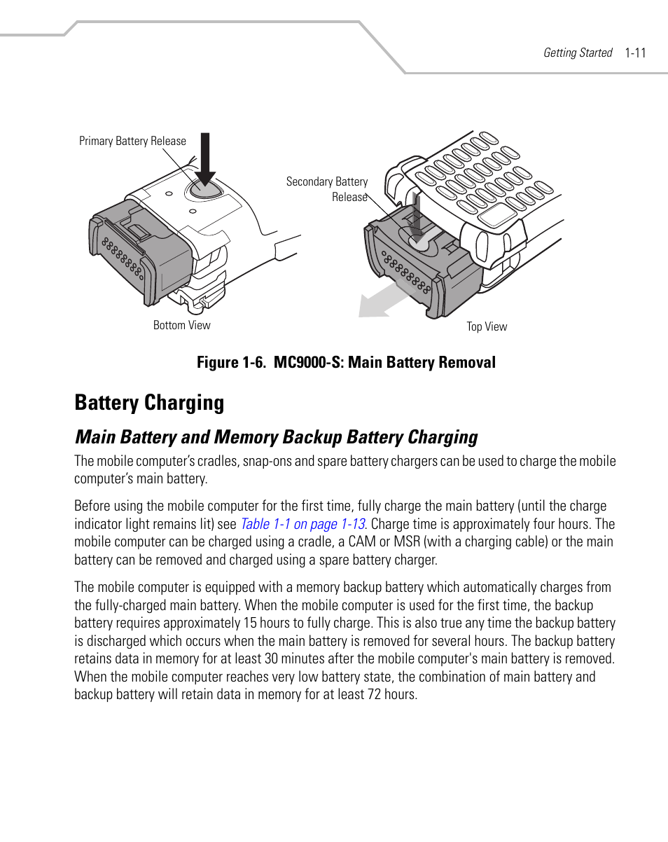 Battery charging, Main battery and memory backup battery charging, Battery charging -11 | Symbol Technologies MC9000-K User Manual | Page 39 / 534