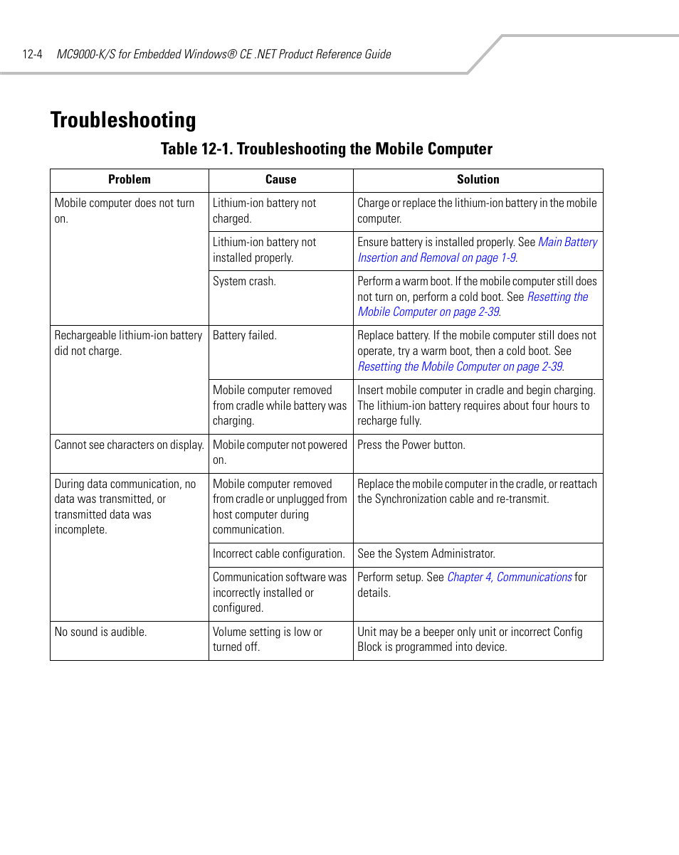 Troubleshooting, Troubleshooting -4, Table 12-1. troubleshooting the mobile computer | Symbol Technologies MC9000-K User Manual | Page 390 / 534
