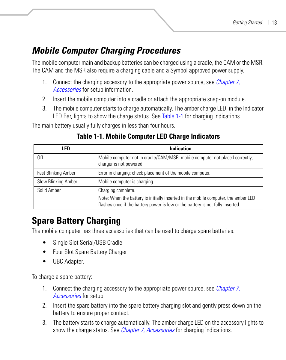 Mobile computer charging procedures, Spare battery charging, Mobile computer charging procedures -13 | Spare battery charging -13 | Symbol Technologies MC9000-K User Manual | Page 41 / 534