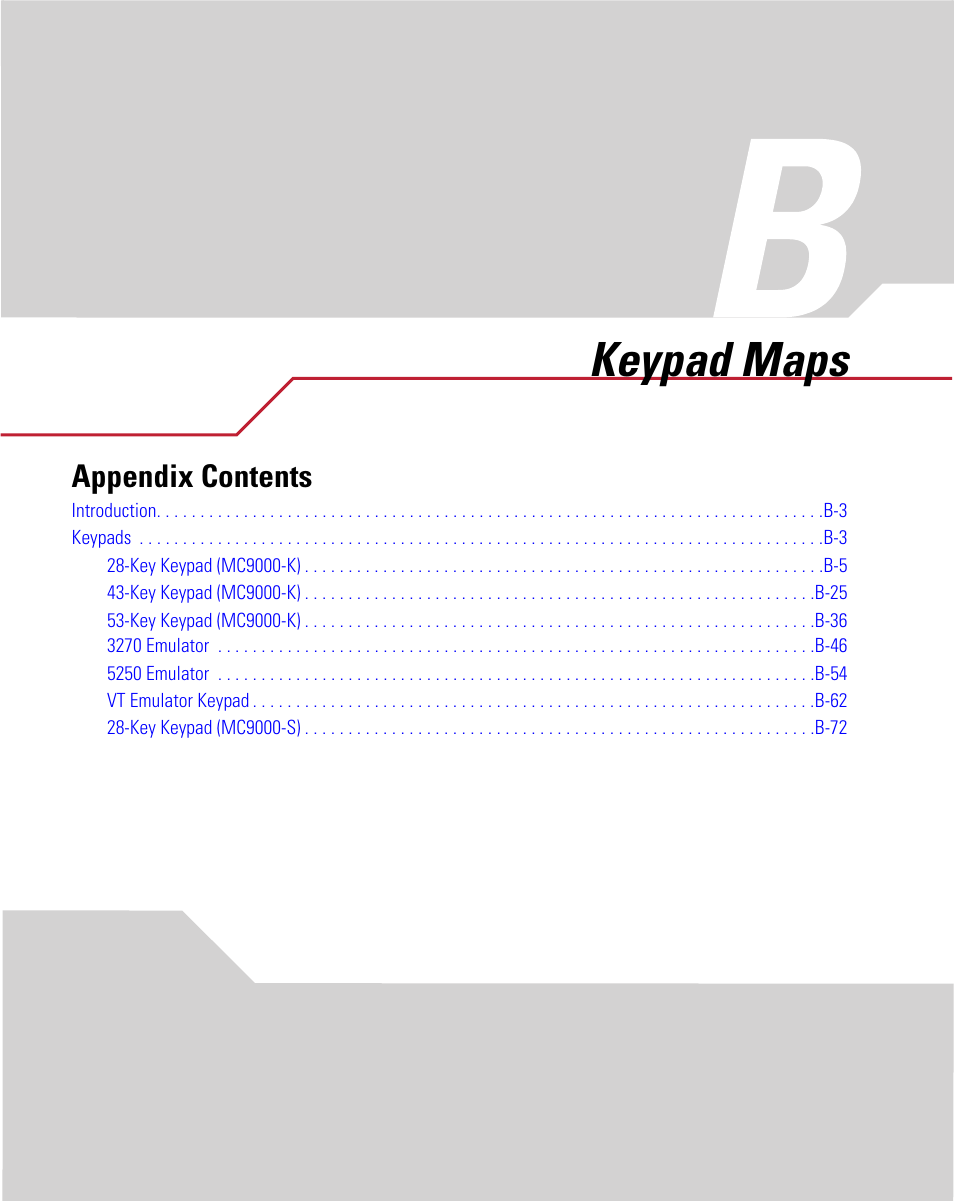 Keypad maps, Appendix b. keypad maps, Appendix b, keypad maps | Appendix contents | Symbol Technologies MC9000-K User Manual | Page 411 / 534