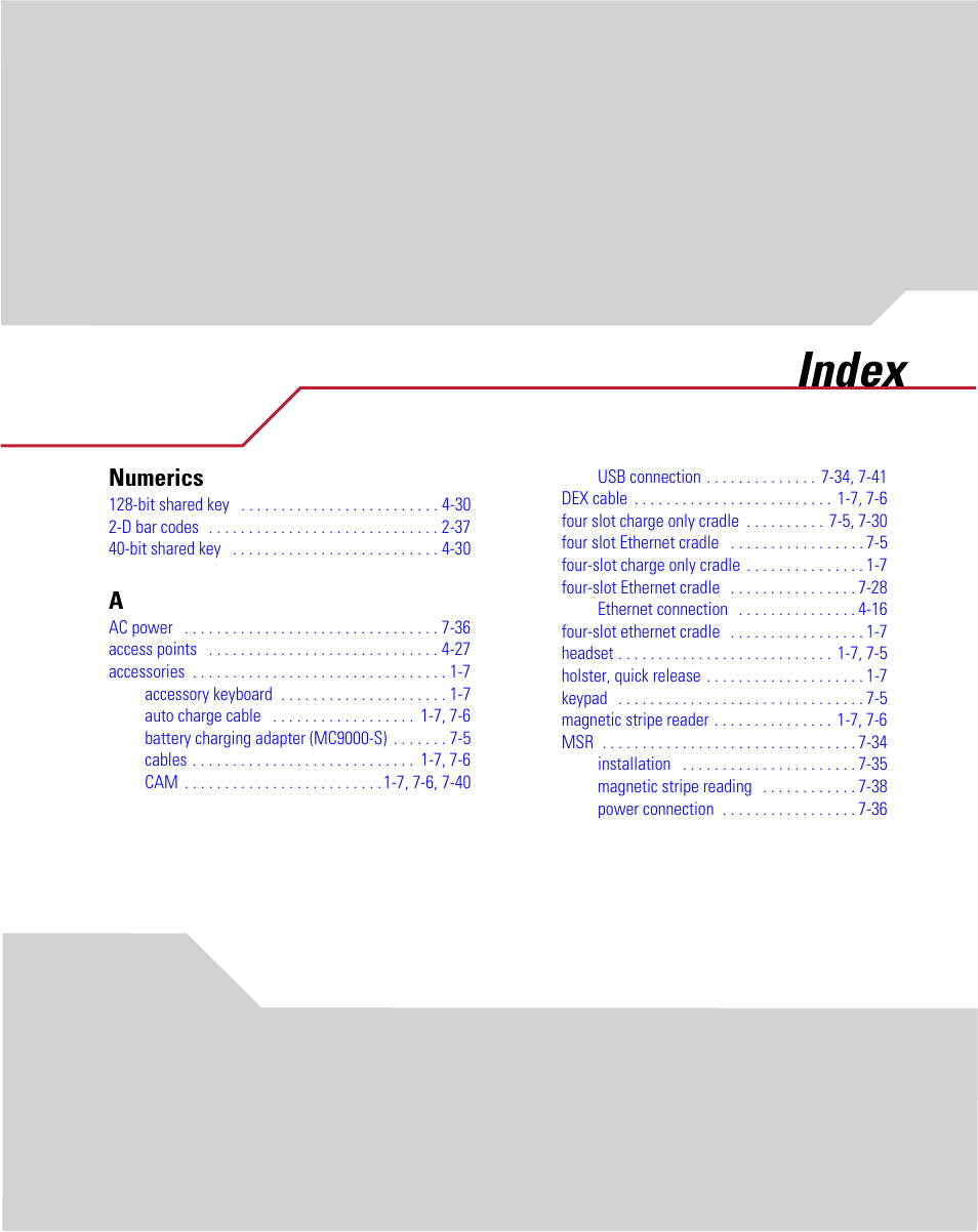 Numerics, Index | Symbol Technologies MC9000-K User Manual | Page 523 / 534