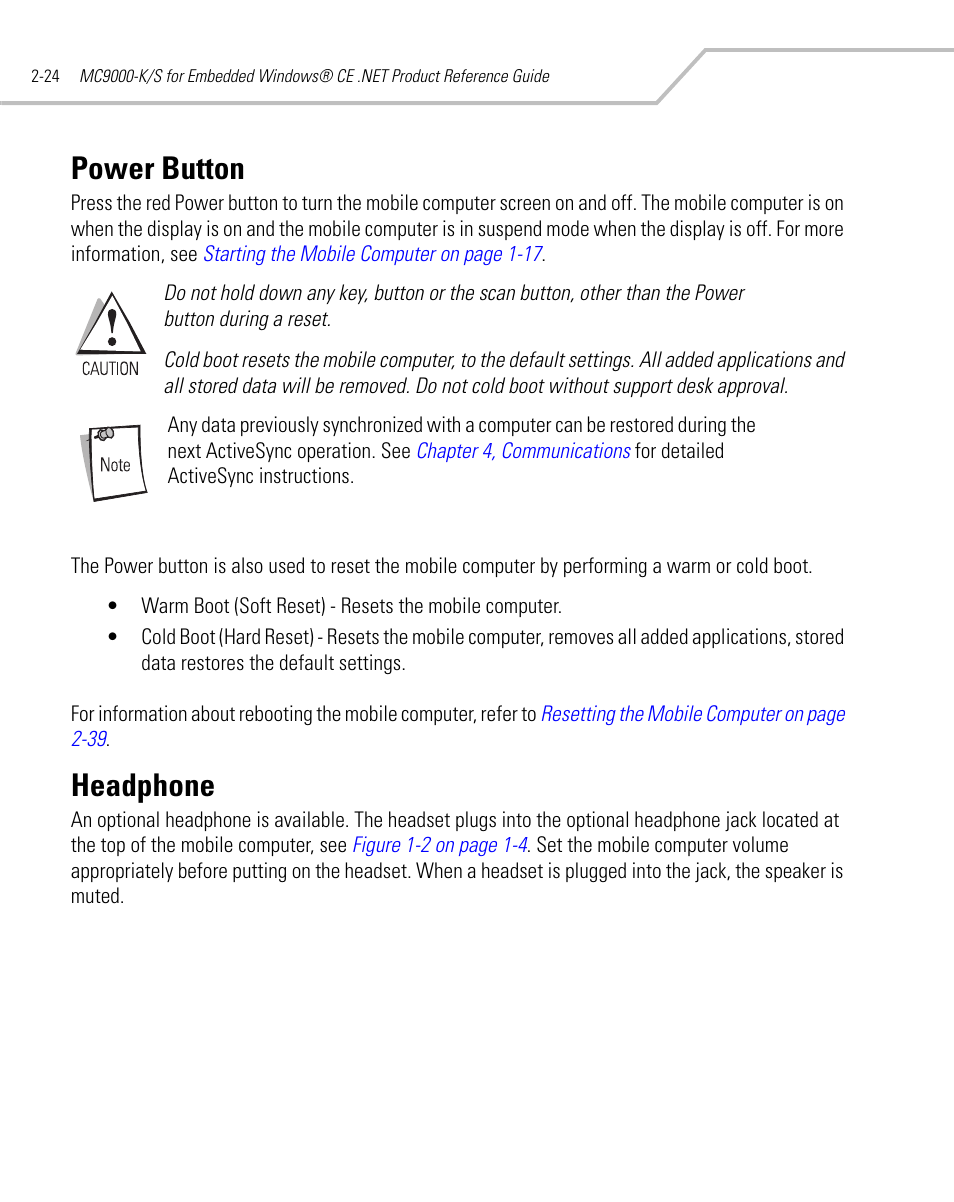 Power button, Headphone, Power button -24 headphone -24 | Symbol Technologies MC9000-K User Manual | Page 72 / 534