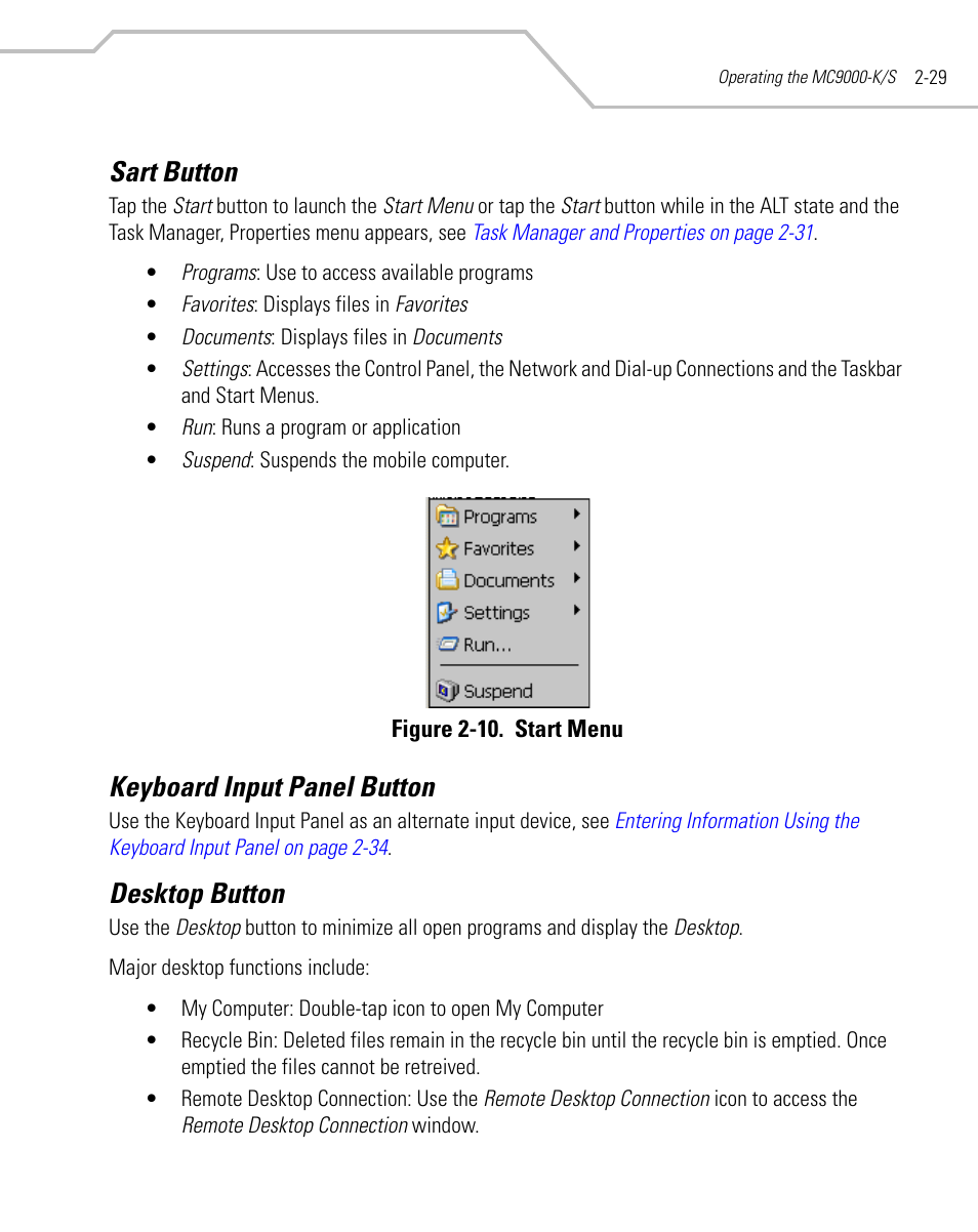 Sart button, Keyboard input panel button, Desktop button | Symbol Technologies MC9000-K User Manual | Page 77 / 534