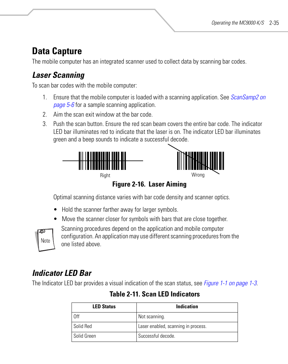 Data capture, Laser scanning, Indicator led bar | Data capture -35, Laser scanning -35 indicator led bar -35 | Symbol Technologies MC9000-K User Manual | Page 83 / 534
