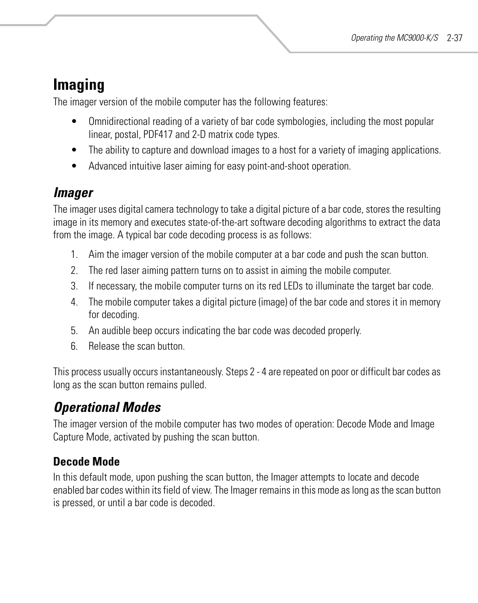 Imaging, Imager, Operational modes | Decode mode, Imaging -37, Imager -37 operational modes -37, Decode mode -37 | Symbol Technologies MC9000-K User Manual | Page 85 / 534