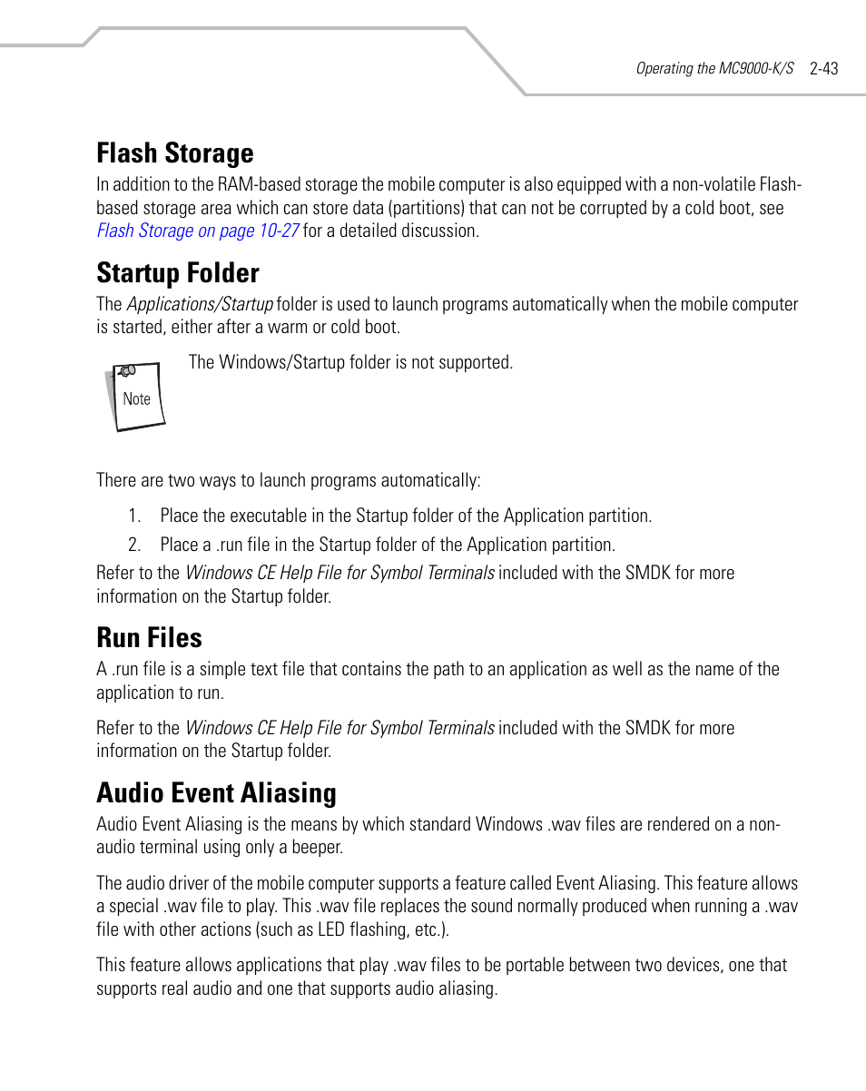 Flash storage, Startup folder, Run files | Audio event aliasing, Flash storage -43 startup folder -43 run files -43, Audio event aliasing -43, Flash storage -43 startup folder -43, Run files -43 audio event aliasing -43 | Symbol Technologies MC9000-K User Manual | Page 91 / 534