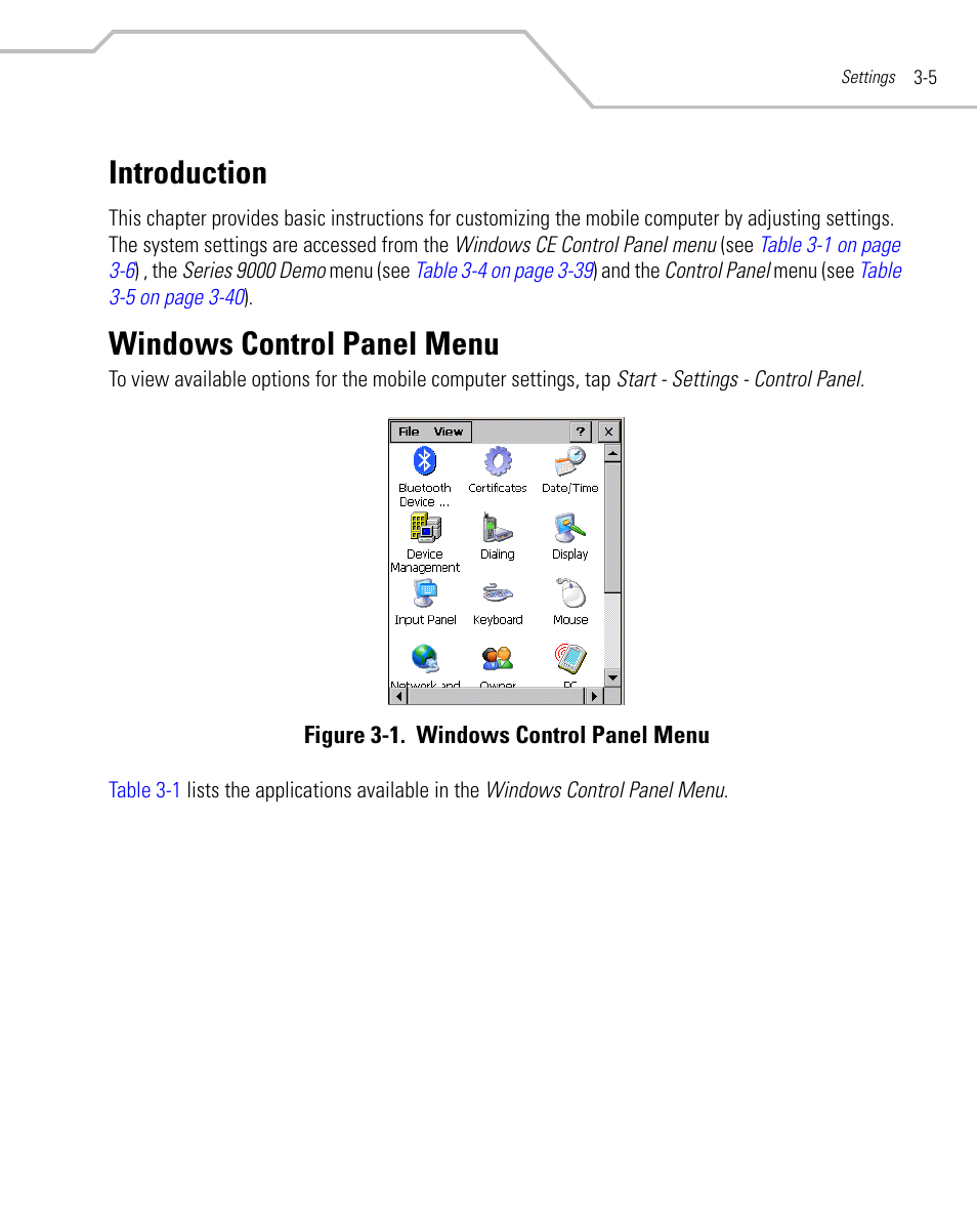 Introduction, Windows control panel menu, Introduction -5 windows control panel menu -5 | Windows control panel menu -5 | Symbol Technologies MC9000-K User Manual | Page 97 / 534