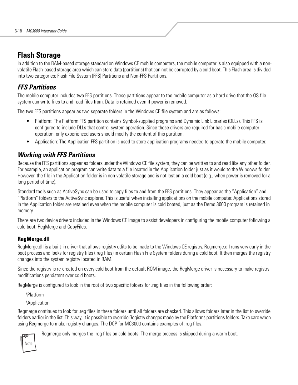 Flash storage, Ffs partitions, Working with ffs partitions | Flash storage -18, Ffs partitions -18 working with ffs partitions -18, Regmerge.dll -18 | Symbol Technologies MC3000 User Manual | Page 112 / 212