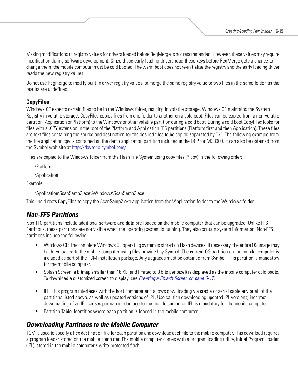 Non-ffs partitions, Downloading partitions to the mobile computer, Copyfiles -19 | Symbol Technologies MC3000 User Manual | Page 113 / 212