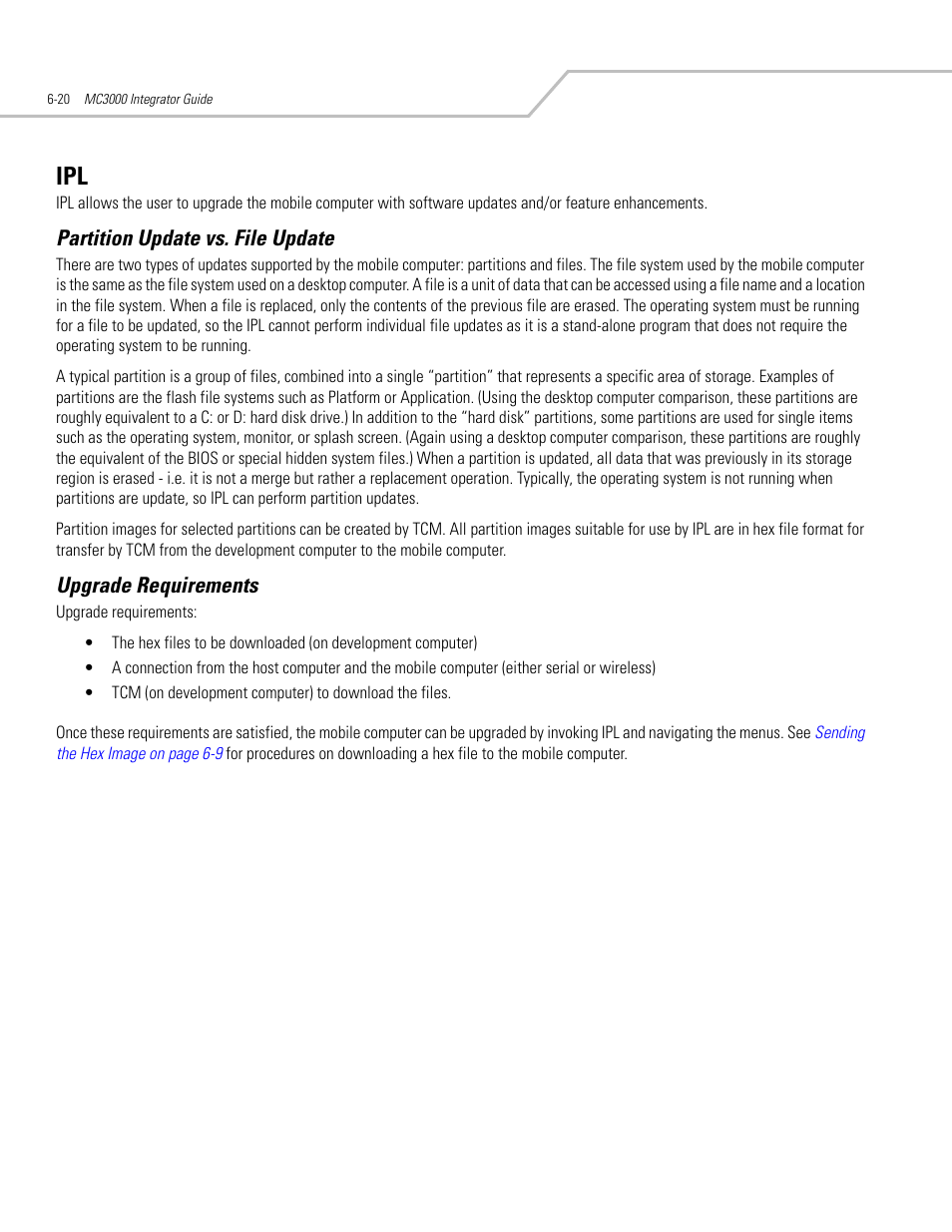 Partition update vs. file update, Upgrade requirements, Ipl -20 | Symbol Technologies MC3000 User Manual | Page 114 / 212