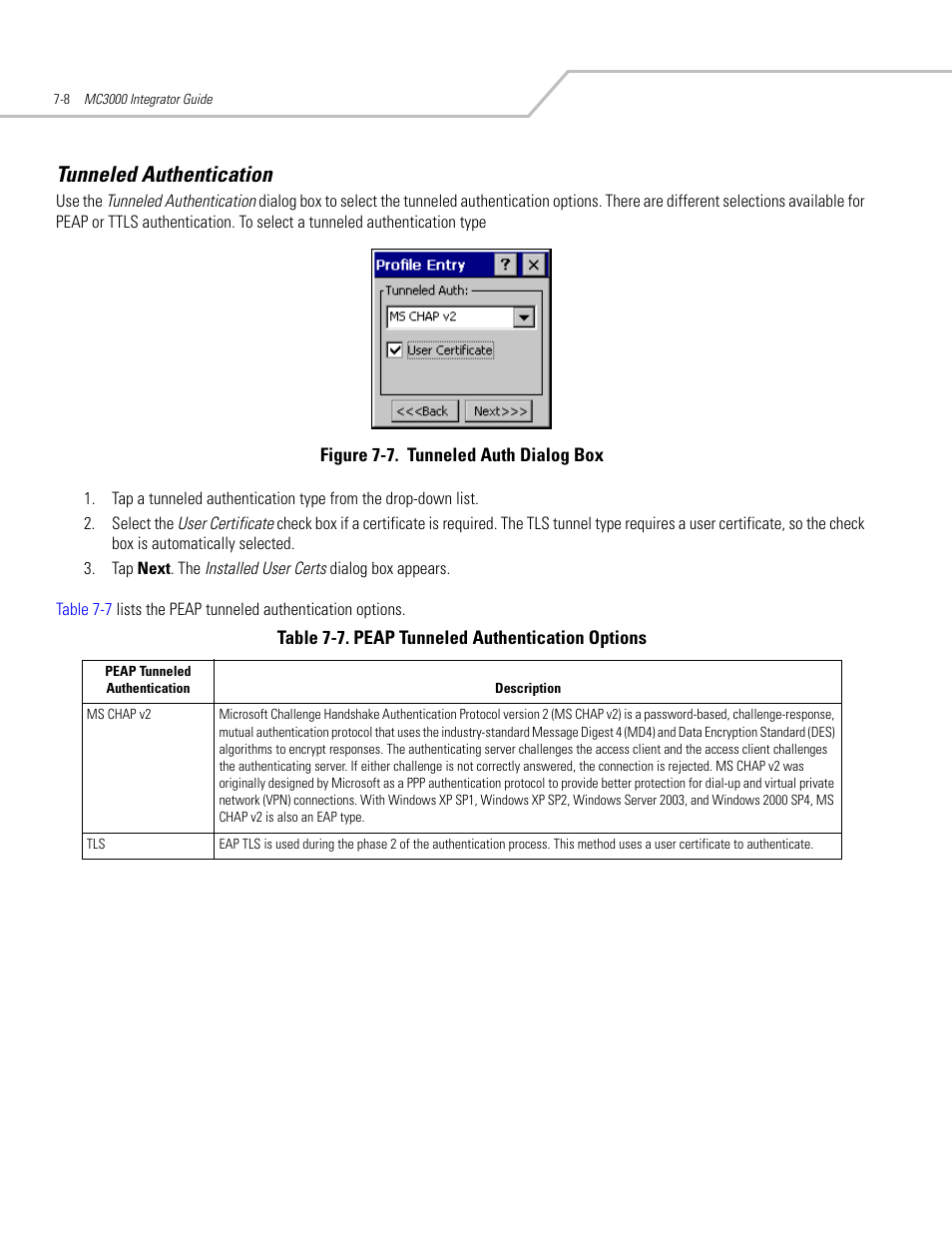 Tunneled authentication, Tunneled authentication -8, Tunneled authentication -7 | Symbol Technologies MC3000 User Manual | Page 122 / 212