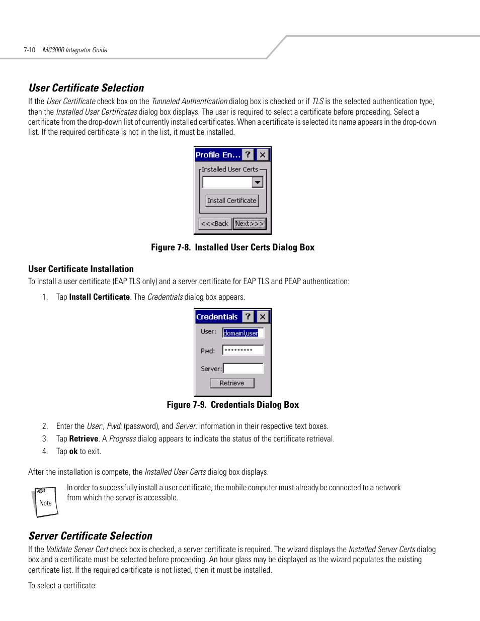 User certificate selection, Server certificate selection, User certificate selection -10 | User certificate installation -10, Server certificate selection -10, User certificate installation -9, Server certificate selection -9 | Symbol Technologies MC3000 User Manual | Page 124 / 212