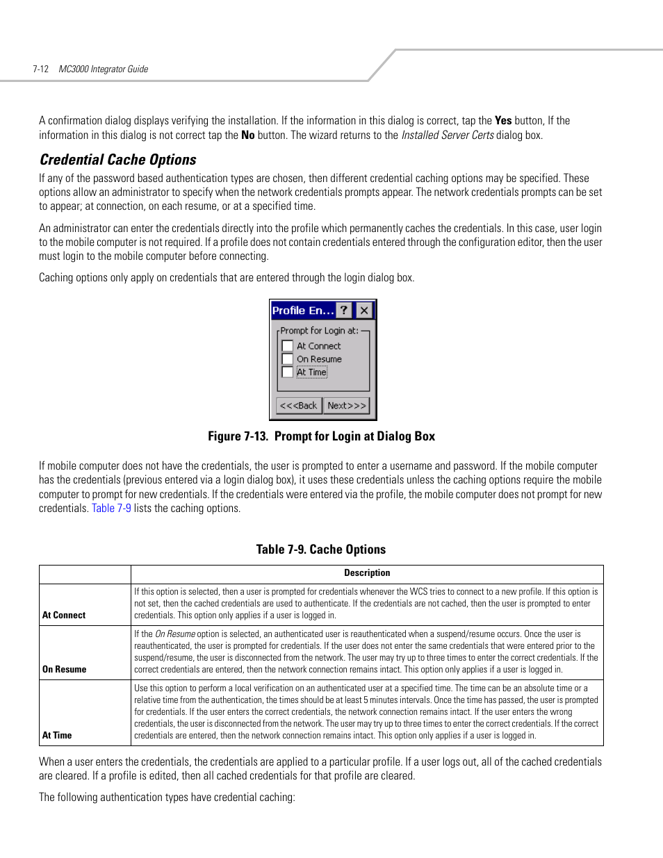Credential cache options, Credential cache options -12, Credential cache options -11 | Symbol Technologies MC3000 User Manual | Page 126 / 212