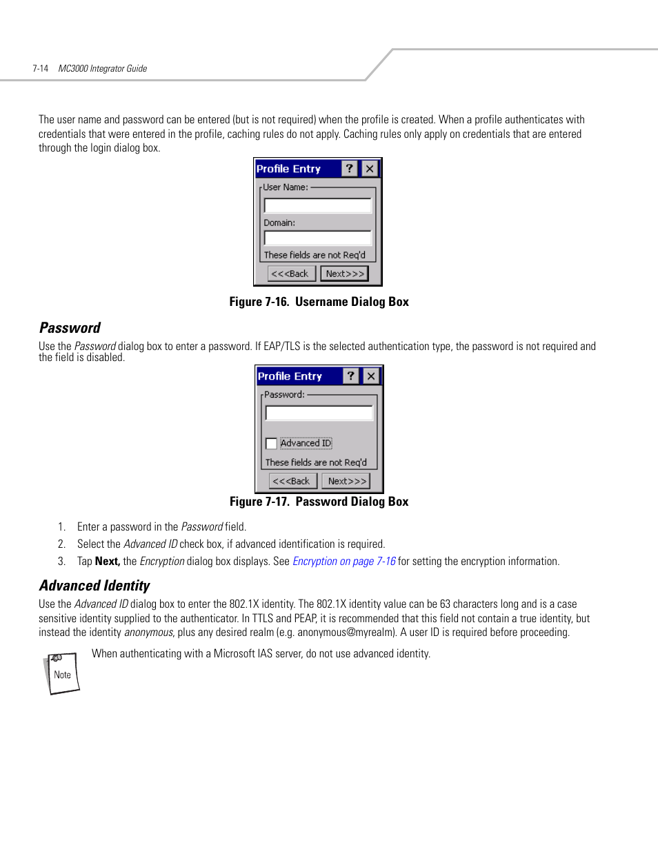 Password, Advanced identity, Password -14 advanced identity -14 | Password -13 advanced identity -14 | Symbol Technologies MC3000 User Manual | Page 128 / 212