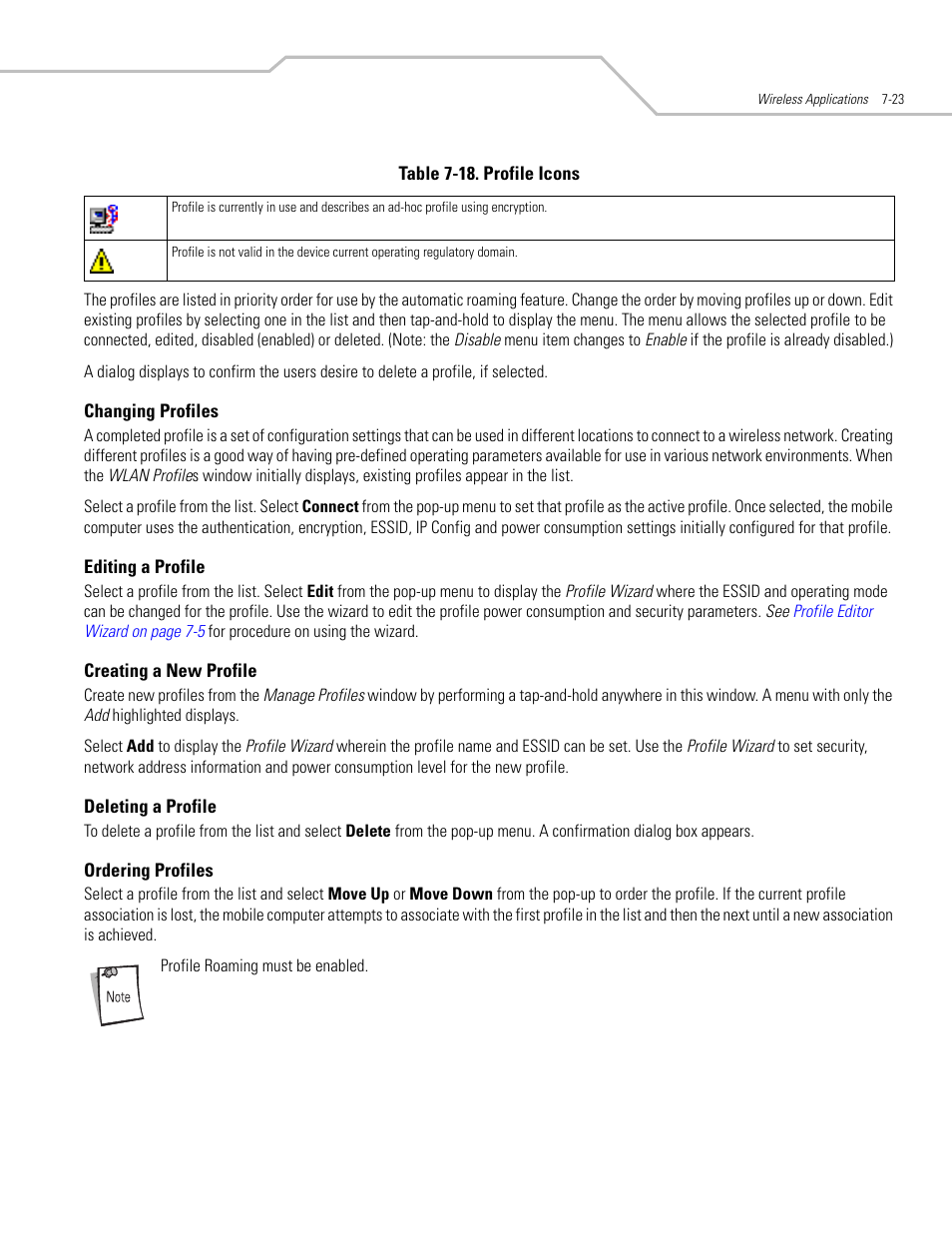 Changing profiles -23 editing a profile -23, Creating a new profile -23 deleting a profile -23, Ordering profiles -23 | Changing profiles -24, Ordering profiles -25 | Symbol Technologies MC3000 User Manual | Page 137 / 212