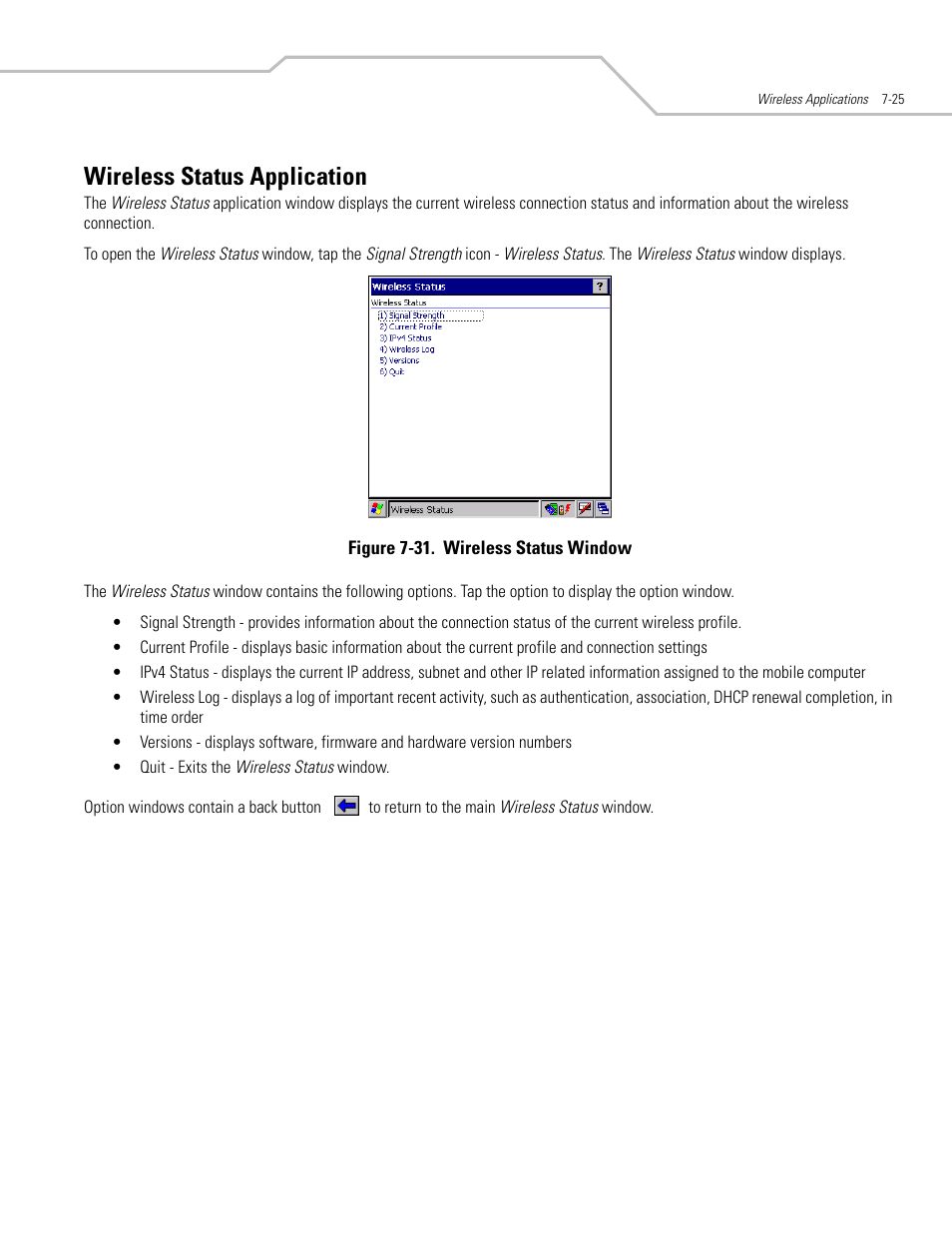 Wireless status application, Wireless status application -25, Wireless status application -27 | Symbol Technologies MC3000 User Manual | Page 139 / 212