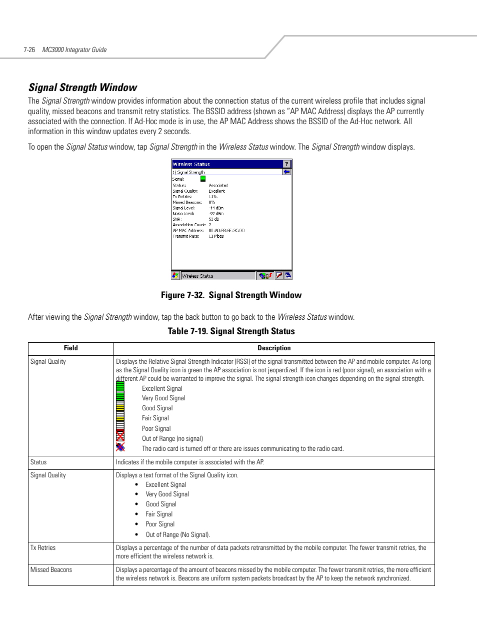 Signal strength window, Signal strength window -26, Signal strength window -28 | Symbol Technologies MC3000 User Manual | Page 140 / 212