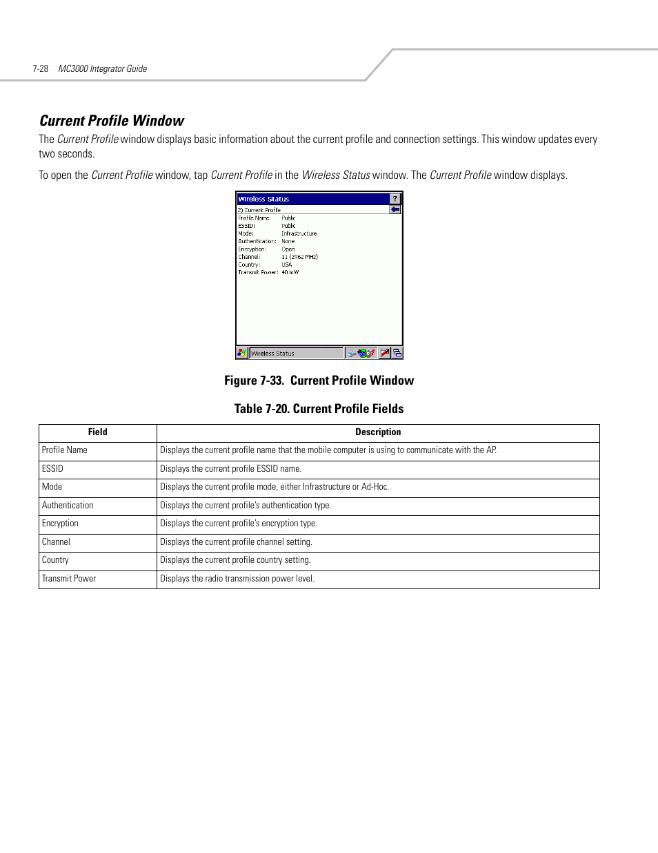 Current profile window, Current profile window -28, Current profile window -30 | Symbol Technologies MC3000 User Manual | Page 142 / 212