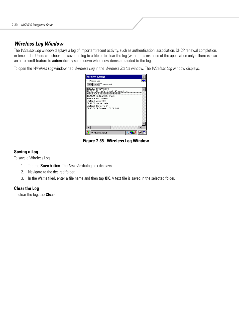 Wireless log window, Wireless log window -30, Saving a log -30 clear the log -30 | Wireless log window -33, Saving a log -33 clear the log -33 | Symbol Technologies MC3000 User Manual | Page 144 / 212