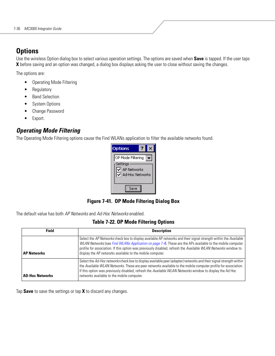 Options, Operating mode filtering, Options -36 | Operating mode filtering -36, Options -39, Operating mode filtering -39 | Symbol Technologies MC3000 User Manual | Page 150 / 212