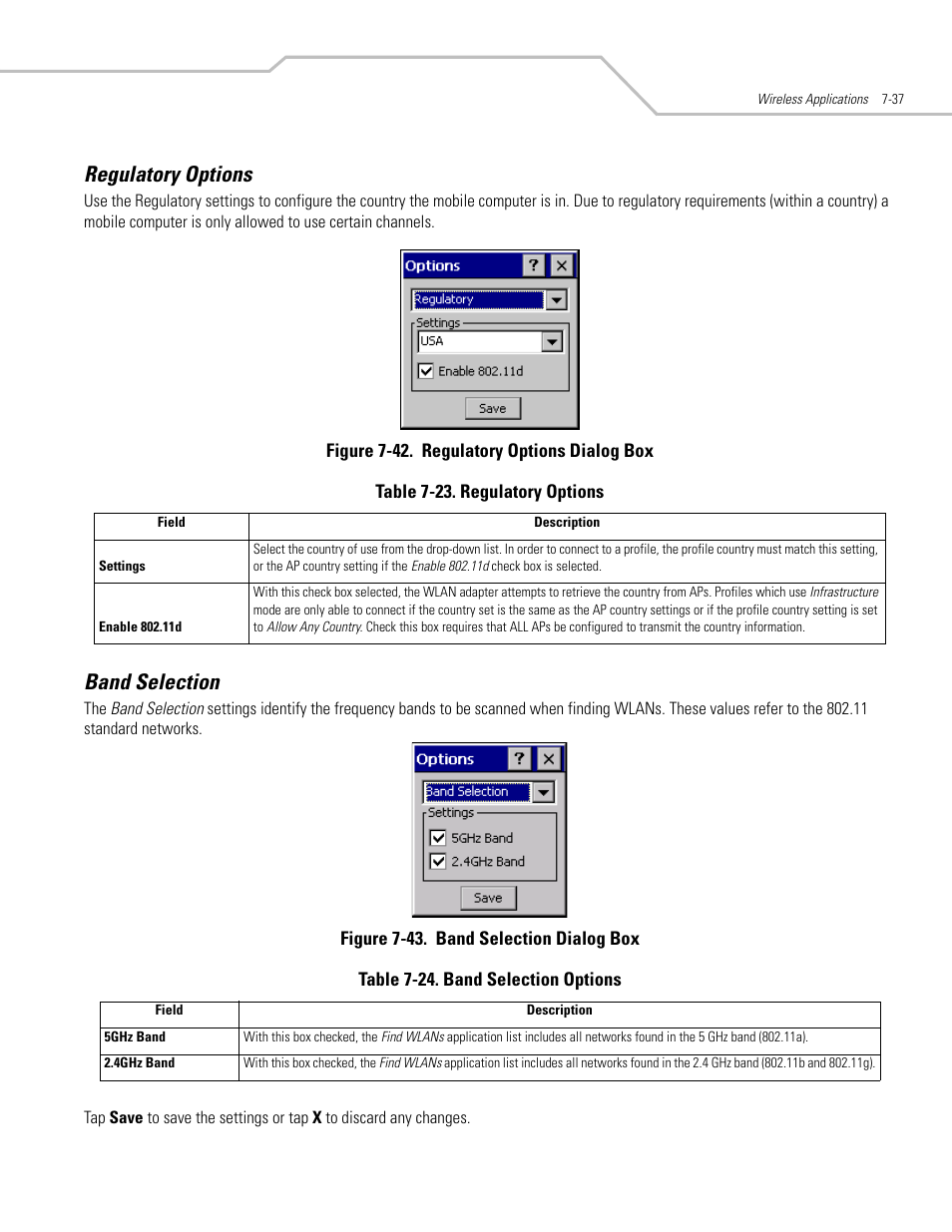 Regulatory options, Band selection, Regulatory options -37 band selection -37 | Regulatory -40 band selection -40 | Symbol Technologies MC3000 User Manual | Page 151 / 212