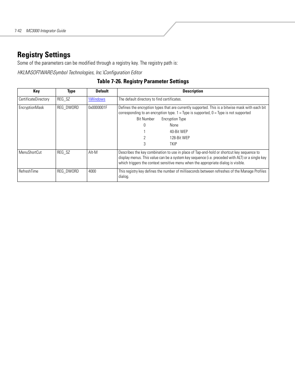 Registry settings, Registry settings -42, Registry settings -46 | Symbol Technologies MC3000 User Manual | Page 156 / 212