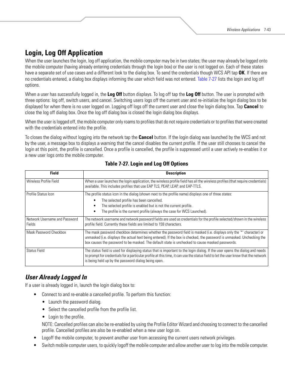 Login, log off application, User already logged in, Login, log off application -43 | User already logged in -43, Login, log off application -47, User already logged in -47 | Symbol Technologies MC3000 User Manual | Page 157 / 212
