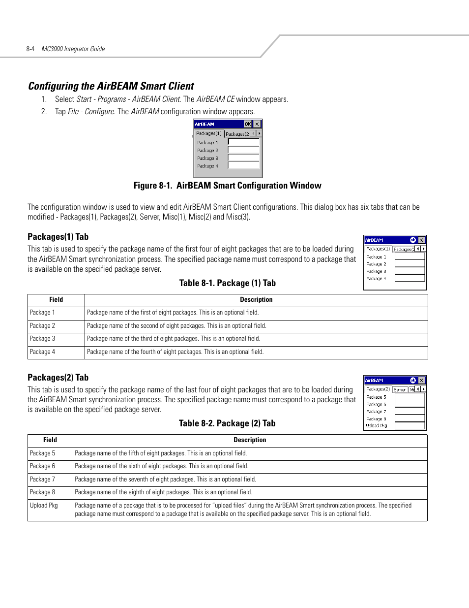 Configuring the airbeam smart client, Configuring the airbeam smart client -4, Packages(1) tab -4 | Packages(2) tab -4, Packages(1) tab -4 packages(2) tab -4 | Symbol Technologies MC3000 User Manual | Page 162 / 212