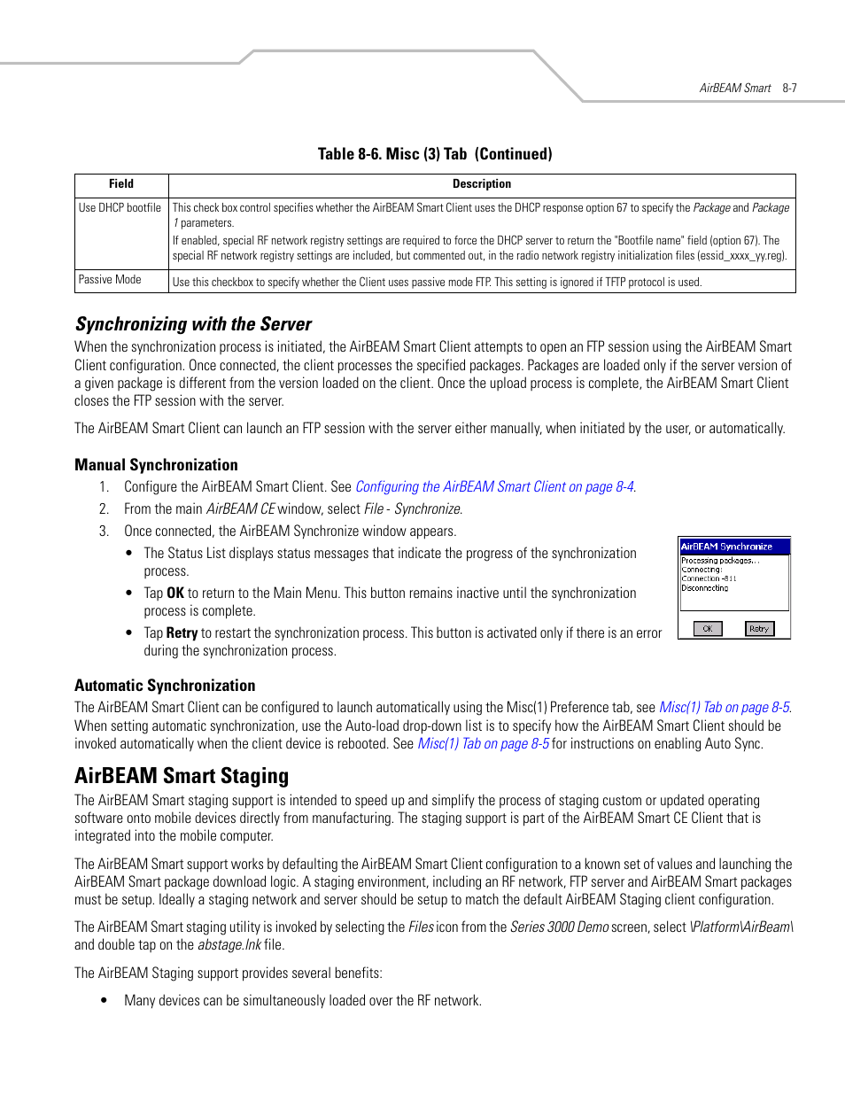 Synchronizing with the server, Airbeam smart staging, Synchronizing with the server -7 | Airbeam smart staging -7, Airbeam smart staging -8 | Symbol Technologies MC3000 User Manual | Page 165 / 212