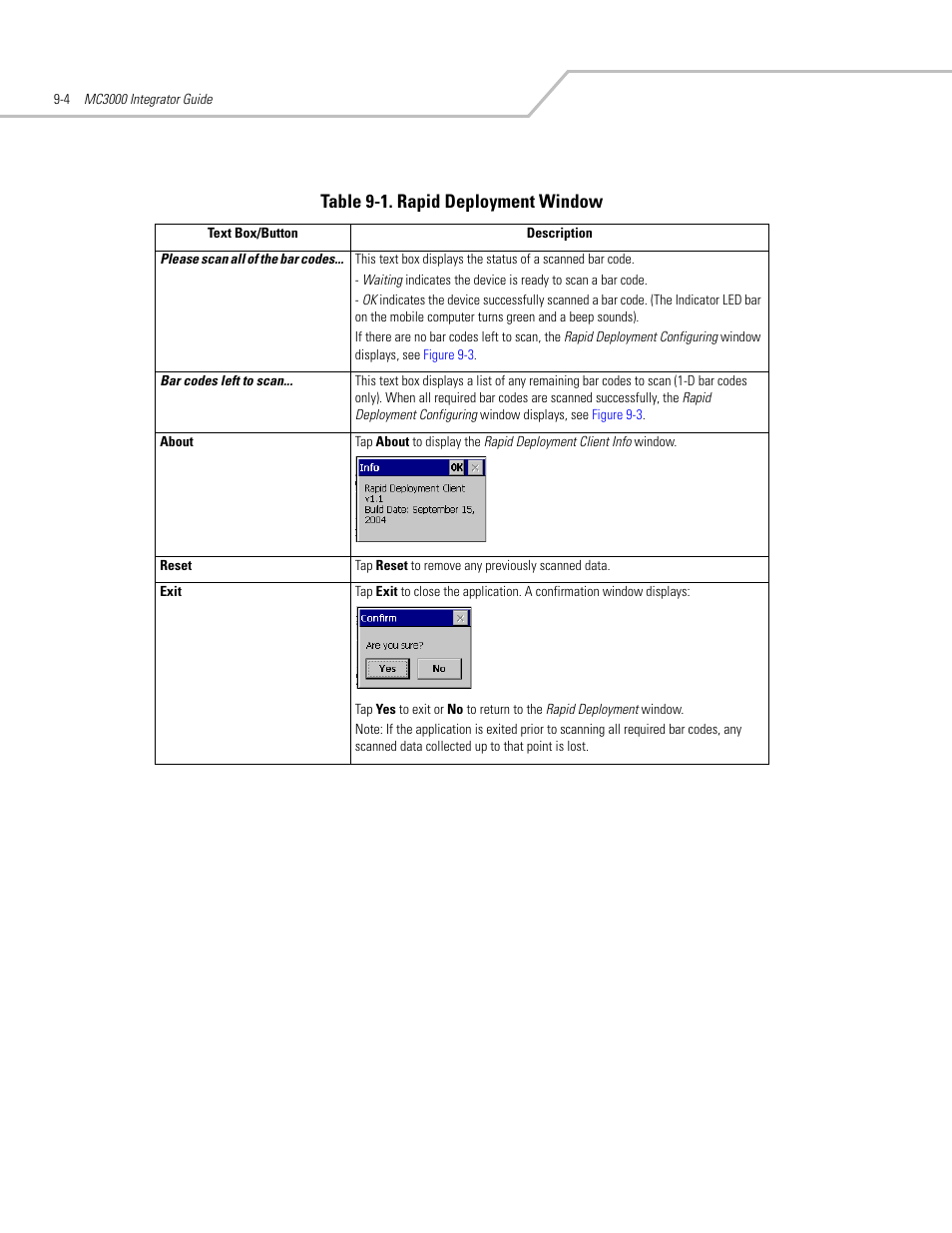 Table 9-1. rapid deployment window | Symbol Technologies MC3000 User Manual | Page 170 / 212