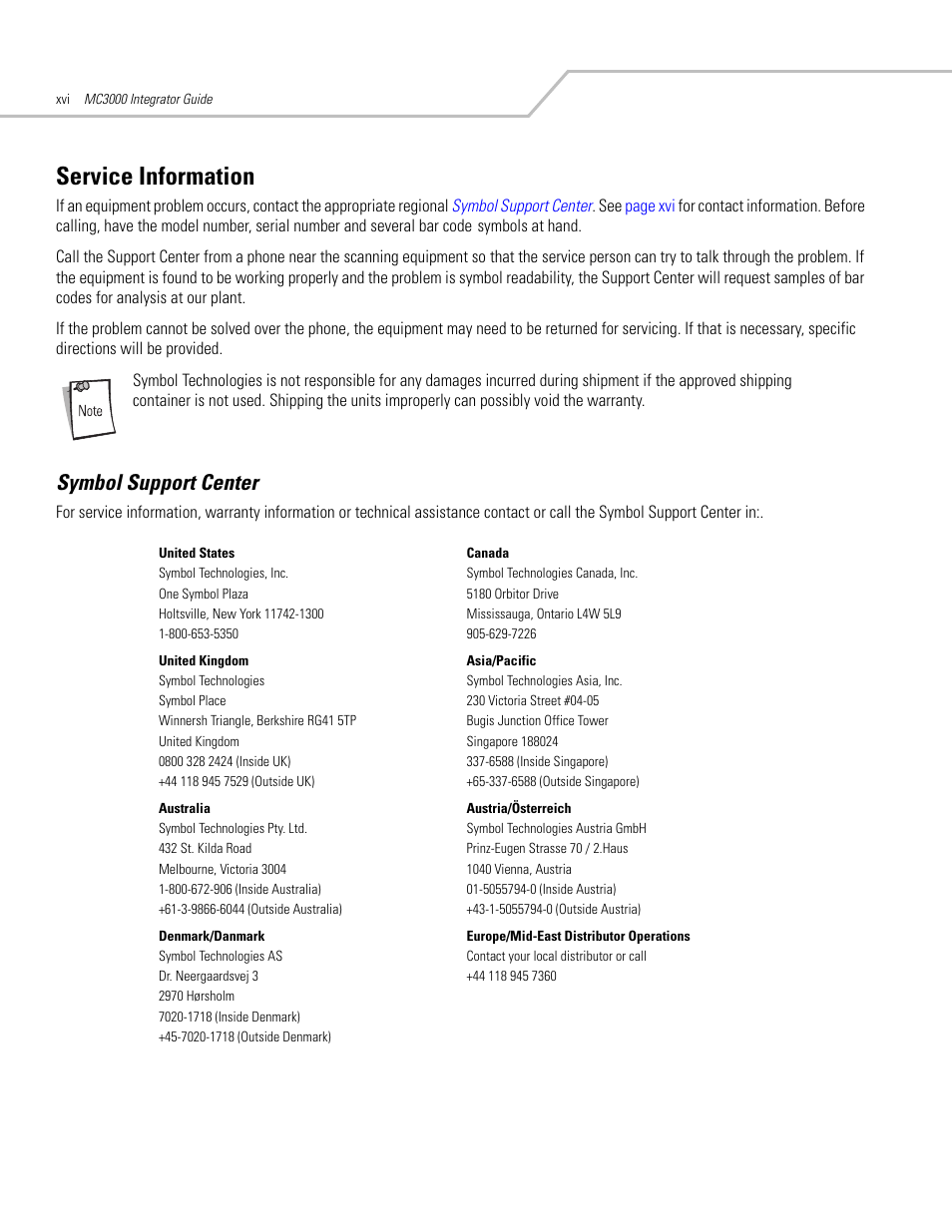 Service information, Symbol support center | Symbol Technologies MC3000 User Manual | Page 18 / 212