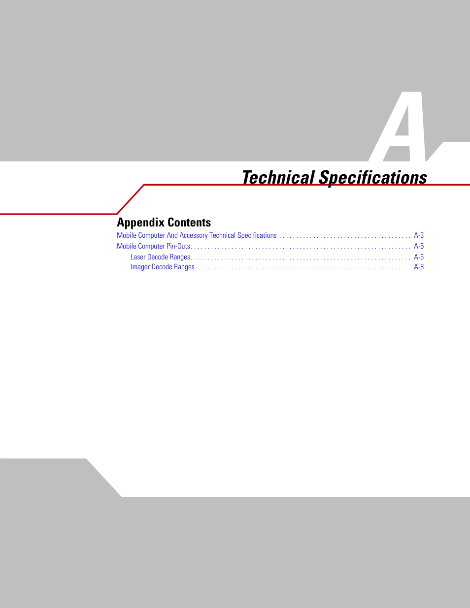 Technical specifications, Appendix a. t, Appendix a, technical specifications | Symbol Technologies MC3000 User Manual | Page 183 / 212